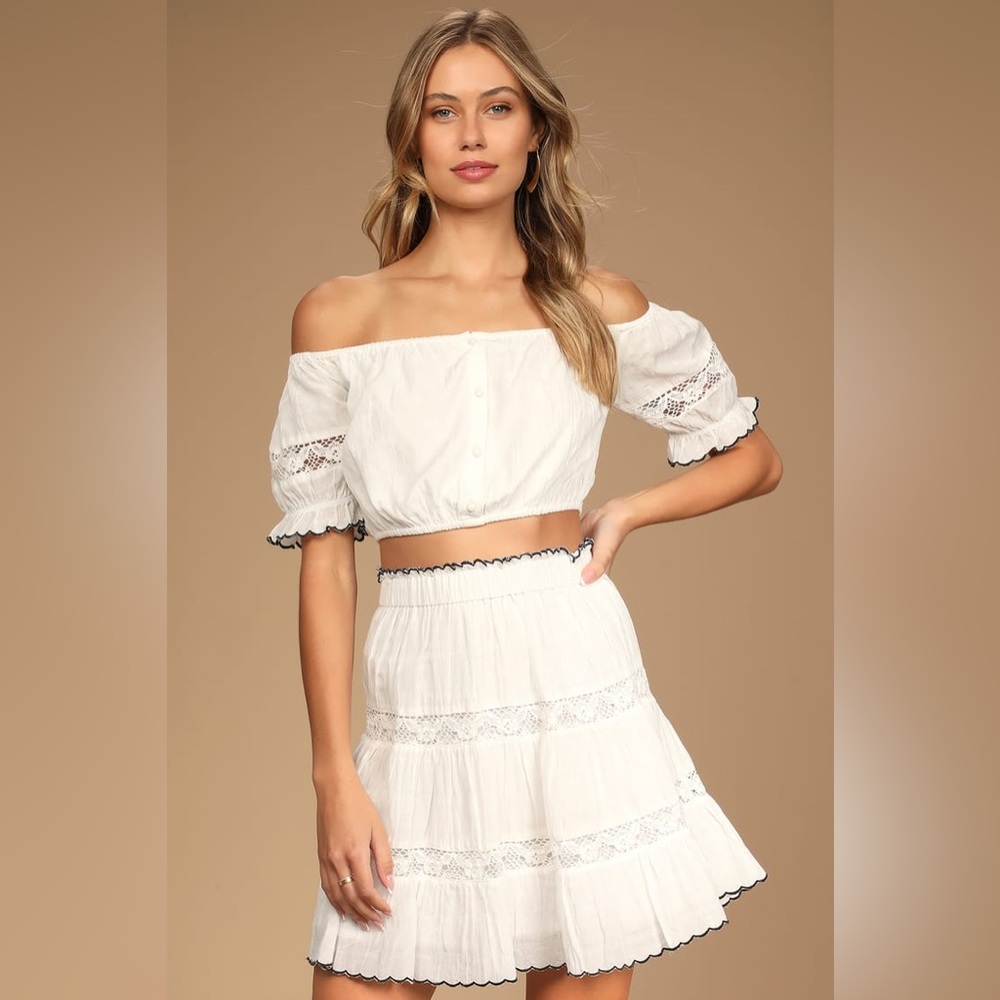 Off Shoulder White Lace Mini Dress Set